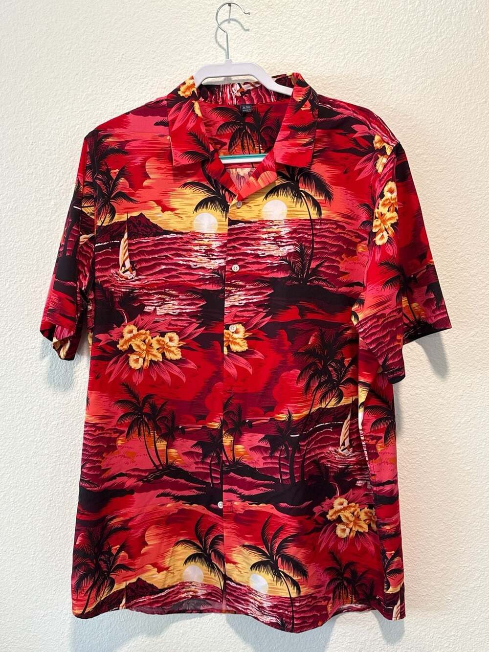 Design In Italy Luxury Red Tropical Sunset Hawaiian Button Down Shirt XL-Tall